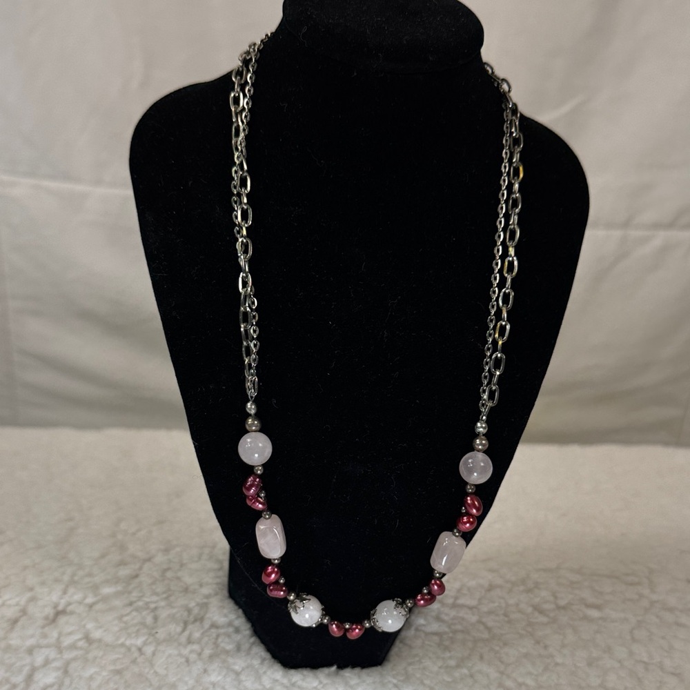 Pink Beaded Necklace‎ Silver Tone Chain Rose Quartz Style Statement